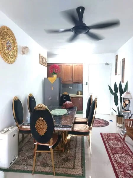 Dining features: 6-seater dining table, black upholstered dining chairs with gold accents, ceiling fan, wall-mounted decorative artwork, refrigerator, wooden cabinetry, area rug with geometric pattern, potted plants, wall clock, door leading to another room; style: modern.