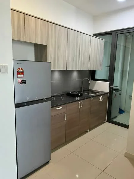 Kitchen features: stainless-steel fridge, black countertop, wood cabinetry with light finish, dark wood lower cabinets, grey tile backsplash, single-bowl stainless-steel sink, chrome pull-down faucet, ceramic tile flooring, recessed downlights, floor-to-ceiling windows, open shelving, built-in oven; style: modern.
