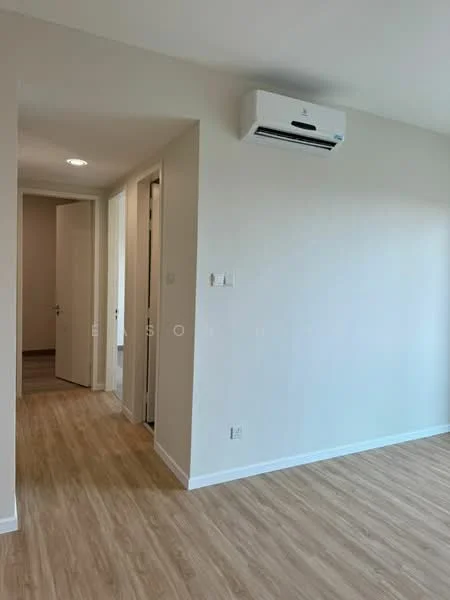 Room features: light wood laminate flooring, white painted walls, wall-mounted split AC, recessed ceiling lights, doorway leading to another room, doorway leading to hallway; style: modern.