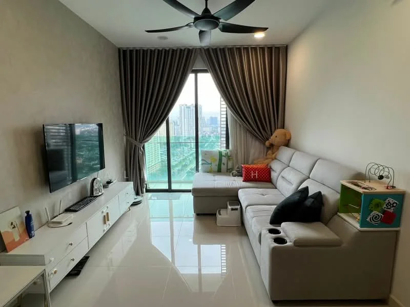 Living features: 3-seater sectional sofa in light grey, black accent pillows, white coffee table, wall-mounted TV, TV console with storage, floor-to-ceiling windows, curtains in grey, white tiled flooring, ceiling fan with light, decorative teddy bear, colorful storage boxes; style: modern; view: city.