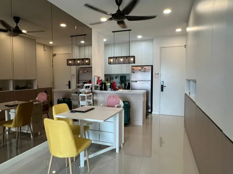 Kitchen features: white cabinetry, stainless-steel fridge, built-in oven, 4-burner gas hob, black countertop, pendant lighting, dining table with white surface, yellow upholstered dining chairs, wall-mounted cabinets, floor-to-ceiling mirror, recessed lighting, sliding door, grey tiled flooring, ceiling fan; style: modern.