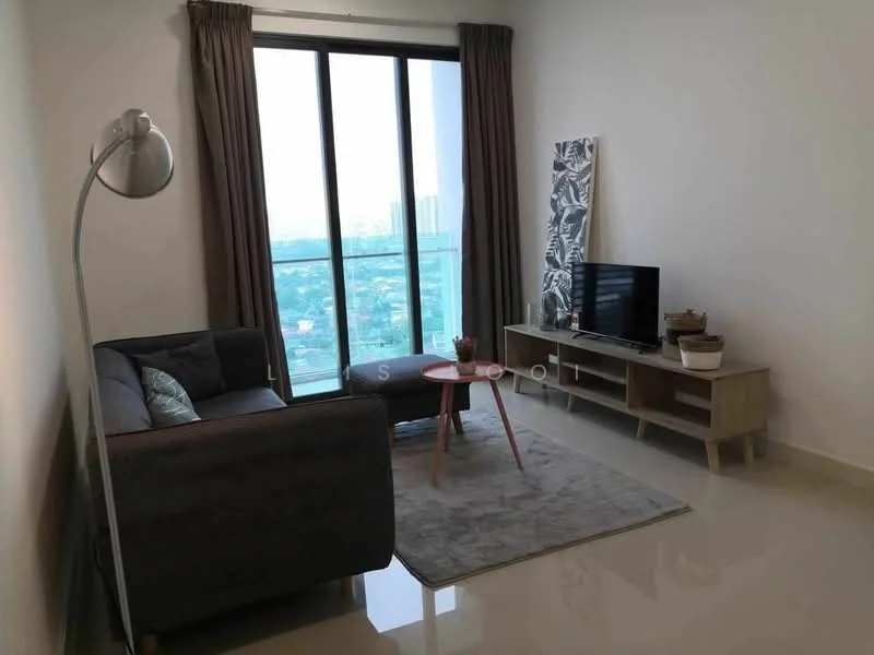 Living features: grey fabric sofa, round coffee table, TV console, wall-mounted TV, area rug, floor-to-ceiling windows, curtains, decorative wall art, polished tile flooring; style: modern; view: city.