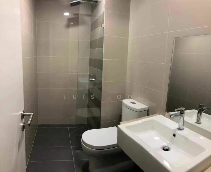 Bathroom features: grey tiled walls, white ceramic sink, chrome basin mixer faucet, clear glass shower enclosure, rain shower head, white one-piece toilet, full-length mirror, dark grey floor tiles; style: modern.