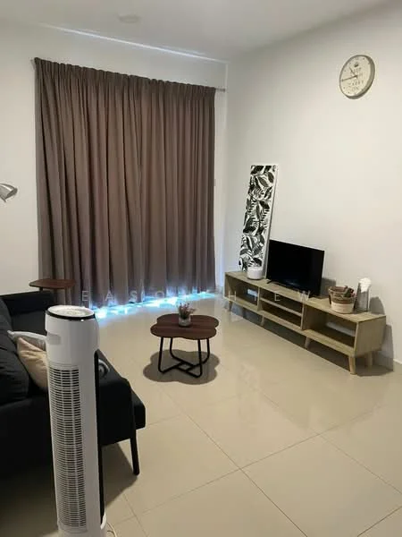 Living features: grey fabric sofa, wooden coffee table, TV console, wall-mounted TV, floor-to-ceiling curtains in brown, cream painted walls, glossy tile flooring, decorative wall art, standing fan, clock on wall; style: modern.
