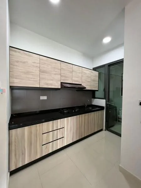 Kitchen features: laminate cabinetry in light wood finish, black granite countertop, stainless-steel sink, chrome pull-out faucet, built-in gas hob, stainless-steel range hood, grey tiled backsplash, white walls, recessed LED downlights, floor-to-ceiling windows, ceramic tile flooring; style: modern.