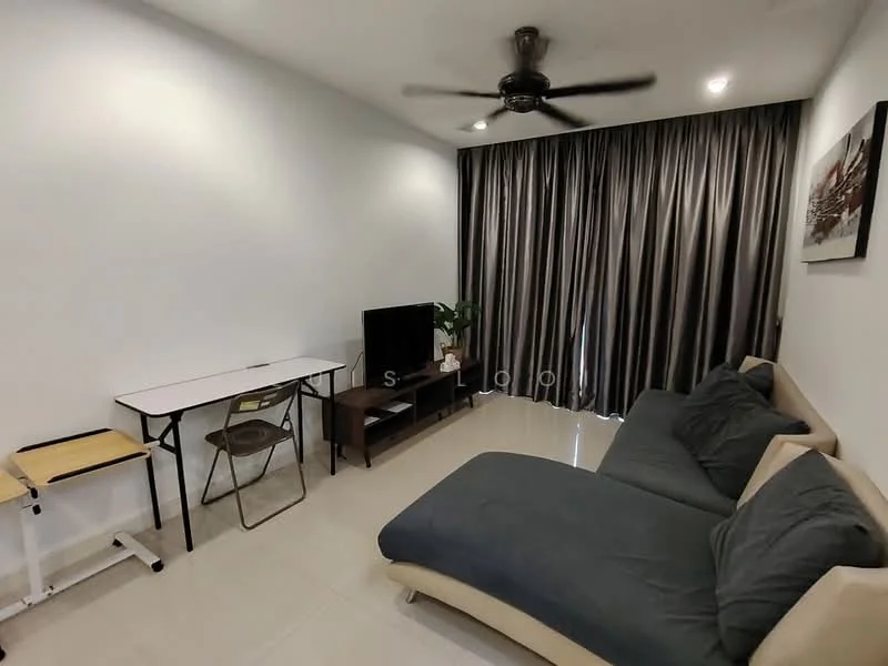 Living features: 3-seater fabric sofa in grey, coffee table, TV console, wall-mounted TV, floor-to-ceiling windows, blackout curtains, ceiling fan, light-coloured tiled flooring, decorative artwork on wall, study desk with chair; style: modern.