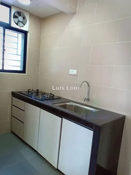 Kitchen features: single-bowl stainless-steel sink, chrome pull-down faucet, 2-burner gas hob, dark countertop, light beige tiled walls, light grey flooring, built-in cabinetry with white and dark wood finish, window for natural light, wall-mounted exhaust fan; style: modern.