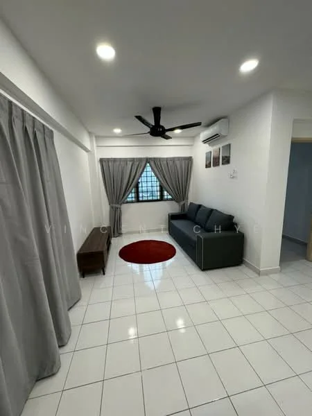 Living features: grey fabric sofa, round red area rug, white painted walls, white tiled flooring, ceiling fan with light, wall-mounted air conditioning unit, floor-to-ceiling window with grid pattern, light grey curtains, wooden coffee table; style: modern.