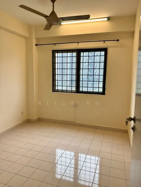 Room features: white painted walls, glazed tile flooring, ceiling fan, window with grid design, natural light from window, neutral color scheme, corner room, light fixture on ceiling; style: modern; view: city.