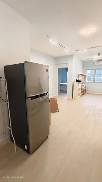 Room features: stainless-steel fridge, light wood flooring, recessed ceiling lights, ceiling fan, light blue painted walls, open layout, shelving unit, window with blinds; style: modern.