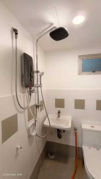 Bathroom features: white tiled walls, grey tiled flooring, shower with rain shower head, handheld shower, water heater, sink with faucet, toilet, window, wall-mounted mirror, light fixture; style: modern.
