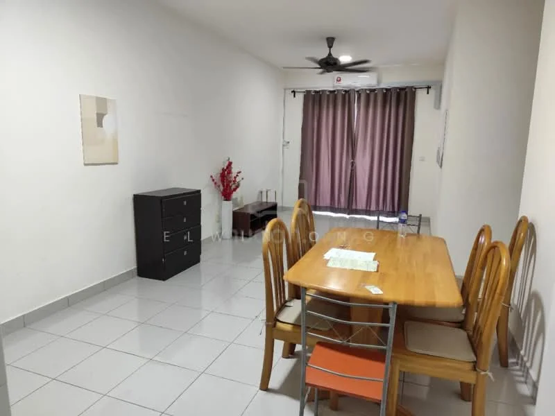Dining features: wooden dining table, 4 dining chairs, white walls, grey tiled flooring, ceiling fan, curtains, black storage cabinet, decorative plant. Room features: white walls, grey tiled flooring, ceiling fan.