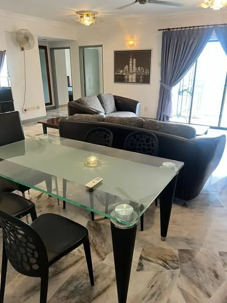 Living features: 3-seater leather sofa in dark brown, 2-seater fabric sofa with patterned cushions, glass coffee table, dining table with glass top and black legs, 4 black dining chairs, floor-to-ceiling sliding glass door, curtains in light purple, ceiling fan, marble flooring, wall-mounted artwork, wall-mounted air conditioning unit; style: modern; view: city.