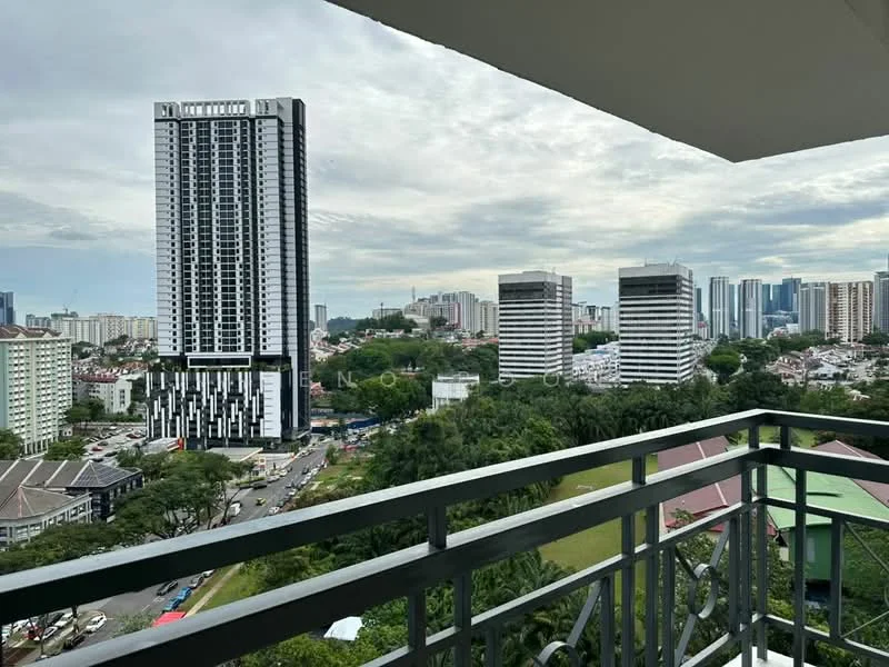 Exterior type: high-rise condominium; features: glass curtain wall, approximately 30-storey high-rise, surrounded by mature greenery, city skyline view in background, modern architectural design, balcony railing, urban landscape, adjacent to residential area; style: modern.