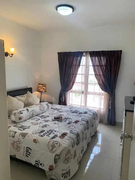 Bedroom features: queen-size bed with decorative pillows, white bedding with coffee-themed print, wooden bedside table with lamp, floor-to-ceiling window with sheer and blackout curtains, light-colored walls, glossy tile flooring, ceiling light fixture, decorative wall sconce; style: modern.