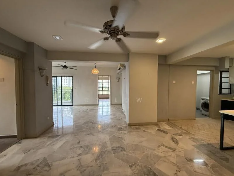 Living features: marble flooring, 5-blade ceiling fan with light, floor-to-ceiling windows, sliding glass door, neutral painted walls, recessed downlights, open layout, natural light, view of city skyline; style: modern; view: city. Room features: neutral painted walls, marble flooring, ceiling fan, recessed downlights.