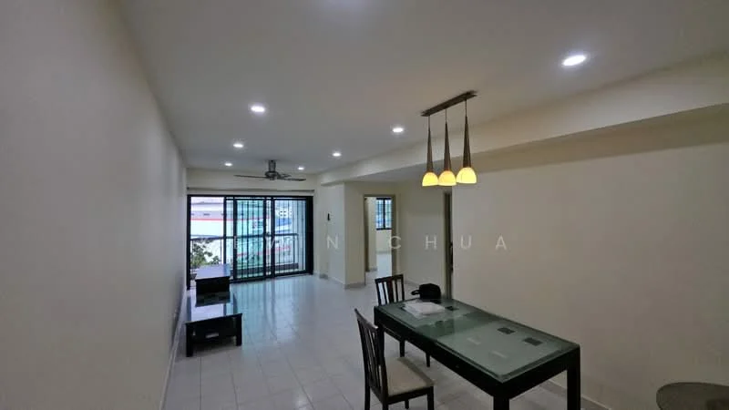 Dining features: glass dining table, 4 wooden dining chairs, pendant lighting with three bulbs, white painted walls, tile flooring, ceiling fan with light, sliding glass door, floor-to-ceiling windows; style: modern. Living features: sofa, coffee table, TV console, white painted walls, tile flooring, ceiling fan with light, sliding glass door, floor-to-ceiling windows; style: modern.