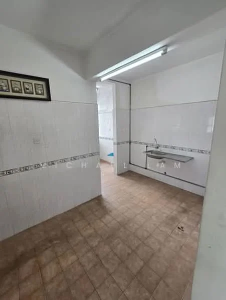 Laundry features: white tiled walls, light brown tiled flooring, single-bowl stainless-steel sink, overhead fluorescent lighting, decorative border tile, open layout, window for natural light, wall-mounted faucet.