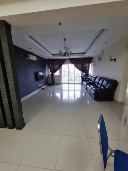 Living features: black leather sectional sofa, coffee table, wall-mounted TV, cream tiled flooring, dark accent wall with texture, crown moulding, recessed ceiling lights, curtains in dark purple, large windows with natural light, air conditioning unit; style: modern.