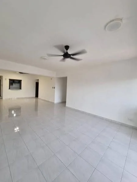 Living features: white painted walls, glossy ceramic tile flooring, 5-blade ceiling fan, recessed ceiling lights, floor-to-ceiling windows, open layout, neutral color scheme, no visible furniture; style: modern.