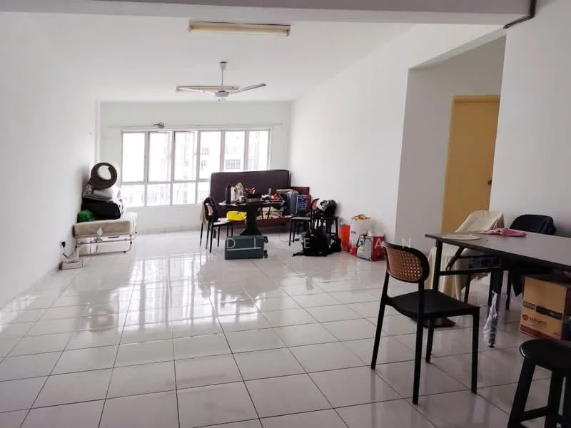 Living features: white painted walls, glossy white tile flooring, 5-blade ceiling fan, floor-to-ceiling windows, dining table with chairs, sofa, decorative items on the floor, open layout.