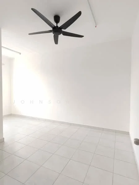 Room features: white painted walls, tile flooring, ceiling fan, natural light from windows, no visible furniture, neutral color scheme, minimalist design, smooth ceiling; style: minimalist.