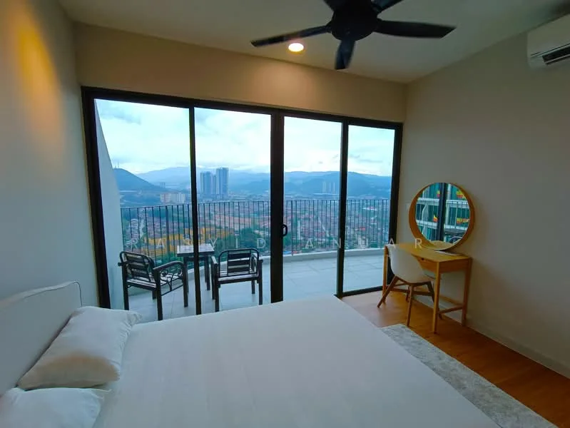 Bedroom features: queen-size bed, floor-to-ceiling windows, sliding glass door, wooden flooring, 5-blade ceiling fan, decorative mirror, study desk, upholstered chair, balcony view, city skyline view; style: modern; view: city.