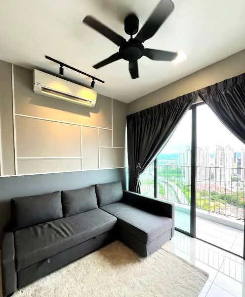 Living features: L-shape sectional sofa in dark grey, 5-blade ceiling fan with light, wall-mounted split AC, floor-to-ceiling windows, blackout curtains, light-coloured area rug, decorative wall paneling, city skyline view; style: modern; view: city.