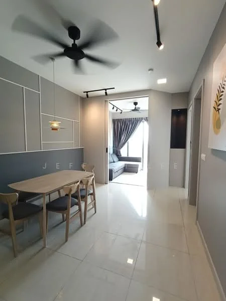 Dining features: dining table with four chairs, grey painted walls, white marble flooring, 5-blade ceiling fan, pendant light above table, open layout to living area, decorative wall paneling, large window with curtains; style: modern. Living features: sofa in living area, floor-to-ceiling windows, curtains, light-colored walls, recessed lighting, open layout to dining area; style: modern.