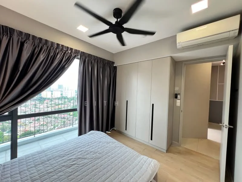 Bedroom features: queen-size bed, 5-blade ceiling fan, floor-to-ceiling windows, blackout curtains, light wood flooring, built-in wardrobe with sliding doors, air conditioning unit, neutral wall color, decorative wall paneling; style: modern; view: city.