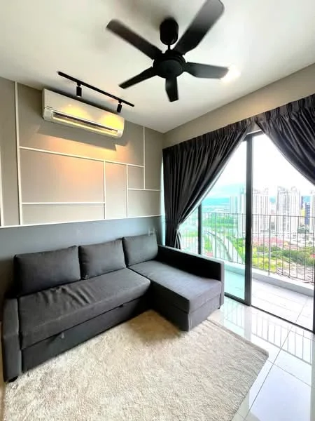 Living features: black fabric sectional sofa, recessed downlights, 1 wall-mounted split AC, floor-to-ceiling sliding glass door, blackout curtains, light-colored area rug, city skyline view, glossy tile flooring, decorative wall paneling; style: modern; view: city.