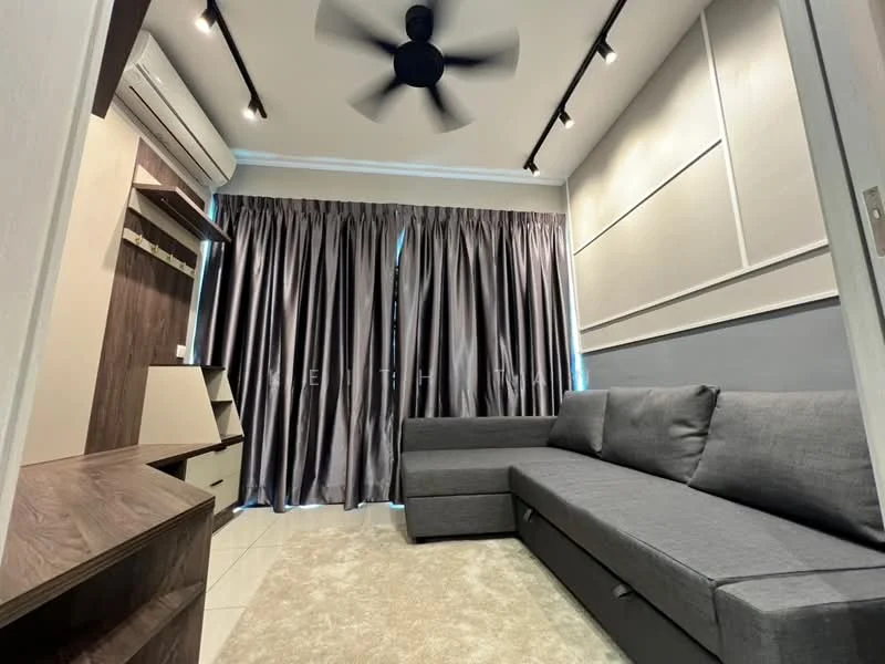 Living features: 5-blade ceiling fan with light, grey fabric L-shape sectional sofa, wooden TV console, cream area rug, grey curtains, white painted walls, recessed downlights, wall-mounted shelving; style: modern.