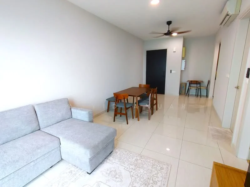 Living features: grey fabric sectional sofa, white area rug, 4-seater dining table with wooden chairs, wall-mounted air conditioning unit, recessed ceiling lights, light-colored painted walls, glossy ceramic tile flooring, ceiling fan; style: modern.