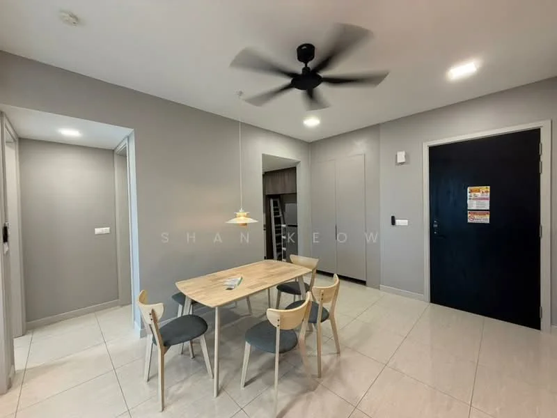 Dining features: round wooden dining table, 4 wooden dining chairs, pendant light fixture, grey painted walls, tile flooring, ceiling fan, wall-mounted light switch, door to hallway, door to kitchen, built-in cabinets; style: modern.