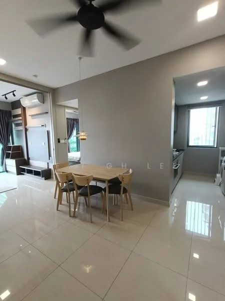 Dining features: dining table with 6 chairs, pendant light, grey painted walls, white tiled flooring, ceiling fan, floor-to-ceiling windows with sheer curtains, open layout to living area, wall-mounted air conditioning unit; style: modern. Kitchen features: kitchen cabinets, stainless-steel appliances, countertop, sink, kitchen island, open layout to dining area; style: modern.