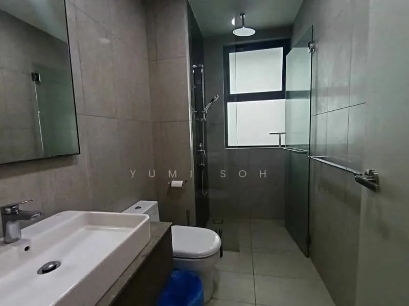 Bathroom features: single-sink vanity with wood cabinet, chrome basin mixer faucet, framed mirror, one-piece toilet, walk-in shower with glass enclosure, rain shower head, tile cladding on walls, ceramic tile flooring, window for natural light, towel rail, toilet paper holder; style: modern.