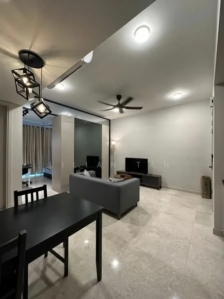 Living features: marble tile flooring, white painted walls, recessed downlights, 5-blade ceiling fan, sofa in grey, wall-mounted TV, TV console, area rug, decorative wall light; style: modern. Dining features: black dining table, 4 dining chairs, pendant lighting; style: modern.
