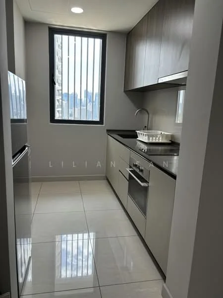 Kitchen features: grey cabinetry, black granite countertop, stainless-steel sink, chrome pull-down faucet, built-in oven, stainless-steel fridge, ceramic tile flooring, recessed downlights, floor-to-ceiling window, city view, white dish rack; style: modern; view: city.
