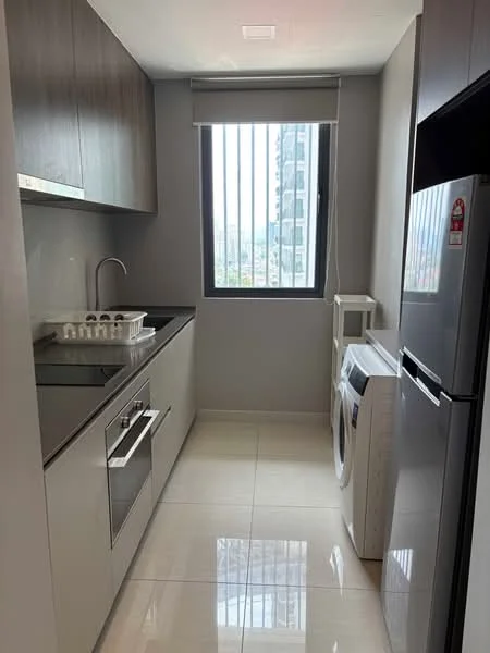 Kitchen features: grey cabinetry, black countertop, stainless-steel sink, chrome pull-down faucet, built-in oven, freestanding fridge, front-load washing machine, white backsplash, tile flooring, window with vertical blinds, recessed lighting; style: modern; view: city.