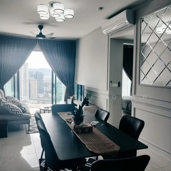 Living features: floor-to-ceiling windows, city view, 5-blade ceiling fan with light, recessed downlights, grey curtains, white walls with crown moulding, marble tile flooring, sofa with patterned cushions, coffee table, dining table with black chairs, decorative plant, wall-mounted air conditioning unit; style: modern; view: city.
