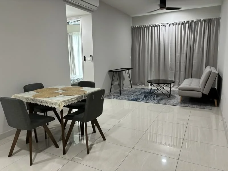 Dining features: 4-seater dining table, grey upholstered dining chairs, tablecloth, ceramic floor tiles; style: modern. Living features: 2-seater fabric sofa in light grey, coffee table, area rug, floor-to-ceiling curtains, wall-mounted air conditioning unit, ceramic floor tiles; style: modern.