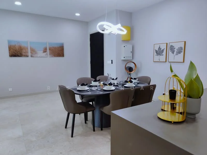 Dining features: round dining table, upholstered dining chairs in beige, decorative centerpiece on table, wall-mounted mirror, framed artwork on walls, light fixture with circular design, cream-colored walls, tile flooring, air conditioning unit on wall; style: modern.