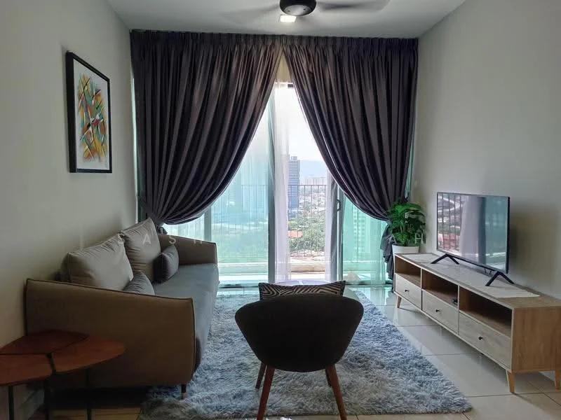 Living features: 3-seater fabric sofa in beige, decorative cushions, area rug with geometric pattern, wall-mounted TV, TV console with wooden finish, floor-to-ceiling windows, sheer curtains, blackout curtains, ceiling fan, indoor plant, side table, framed artwork, grey painted walls, tile flooring; style: modern; view: city.