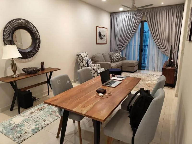 Living features: 3-seater fabric sofa in grey, accent chair with geometric pattern, wooden coffee table, TV console, wall-mounted TV, area rug with geometric pattern, floor-to-ceiling windows with sheer curtains, ceiling fan with light, decorative mirror, wall art, lampshade table lamp; style: modern; view: city. Dining features: 6-seater wooden dining table, upholstered dining chairs in grey, decorative centerpiece, laptop on table, notebook and pen on table; style: modern.