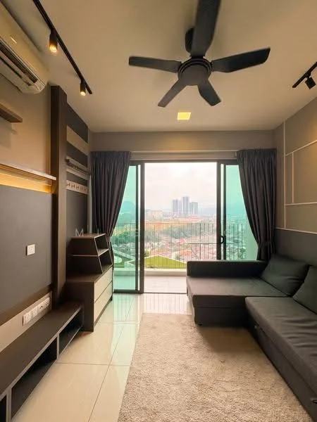Living features: 5-blade ceiling fan with light, floor-to-ceiling sliding glass door, grey fabric sectional sofa, TV console, wall-mounted TV, recessed downlights, cream wall with decorative paneling, light grey rug, curtains, air conditioning unit; style: modern; view: city.