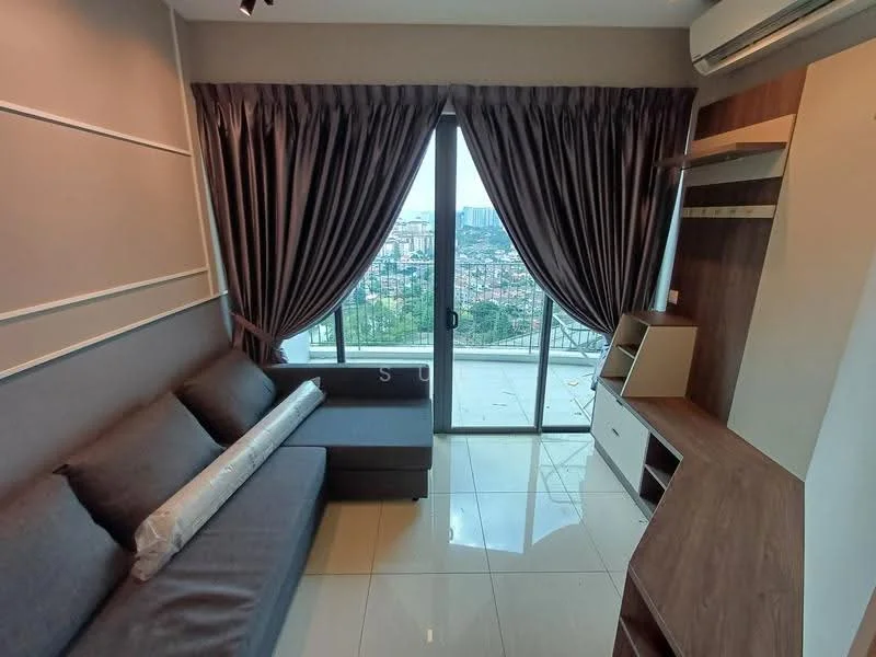 Living features: grey fabric sofa, L-shape sectional sofa, floor-to-ceiling windows, sheer curtains, blackout curtains, glossy tile flooring, wooden TV console, wall-mounted shelving, city view; style: modern; view: city.