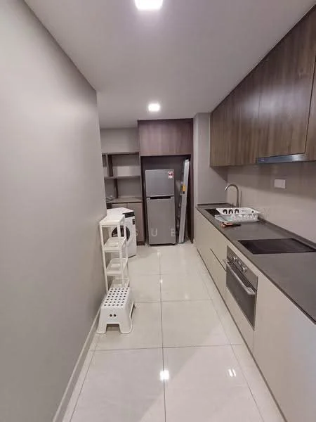 Kitchen features: white cabinetry, brown wooden upper cabinets, black countertop, stainless-steel sink, chrome pull-down faucet, built-in oven, stainless-steel fridge, white washing machine, ceramic tile flooring, recessed LED downlights, open shelving, white step stool, grey painted walls; style: modern.