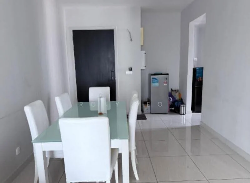 Dining features: white dining table, 4 white upholstered dining chairs, white walls, glossy tile flooring, recessed downlights, black door, kitchen area visible, fridge visible; style: modern. Kitchen features: fridge, kitchen cabinetry, countertop, wall-mounted cabinet, sink area; style: modern.