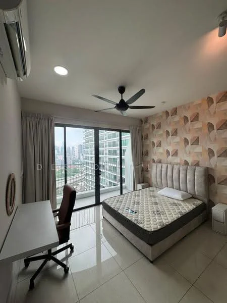Bedroom features: king-size bed, upholstered headboard, decorative wall with geometric pattern, floor-to-ceiling windows, curtains, study desk, office chair, ceiling fan with light, wall-mounted air conditioning unit, tile flooring, nightstand, decorative mirror; style: modern; view: city.