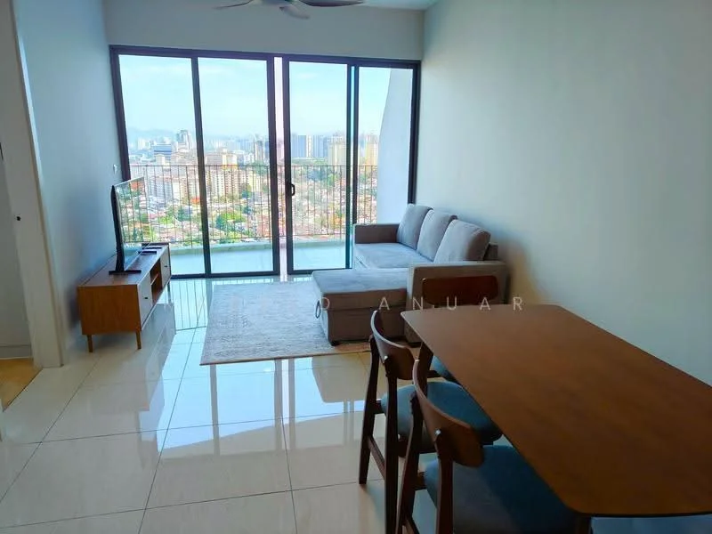 Living features: floor-to-ceiling windows, grey fabric L-shape sectional sofa, wooden coffee table, wooden TV console, wall-mounted TV, area rug, recessed downlights, marble tile flooring, city skyline view, ceiling fan; style: modern; view: city.